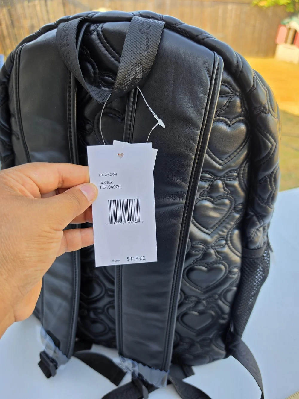 LBlondon Black Heart Quilted Faux Leather Backpack NWT MSRP $108